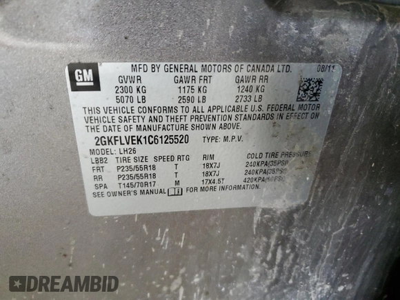 2012 GMC Terrain SLT-1 with VIN 2GKFLVEK1C6125520, listed as a Copart auction lot 51179105 with 161,227 mi miles and Clean Title. Bid and sale history available at DreamBid. Image 12.