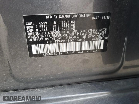 2019 Subaru Legacy Premium with VIN 4S3BNAH64K3024912, listed as a Copart auction lot 72979973 with 32,015 mi miles. Bid and sale history available at carsss.com. Image 14.