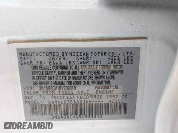 2024 Nissan Sentra SV with VIN 3N1AB8CV1RY209340, listed as a IAAI auction lot 42218326 with 29,163 mi miles and . Bid and sale history available at DreamBid. Image 9.