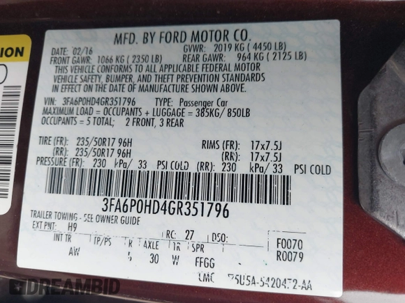 2016 Ford Fusion SE with VIN 3FA6P0HD4GR351796, listed as a IAAI auction lot 41267529 with 104,139 mi miles. Bid and sale history available at carsss.com. Image 9.