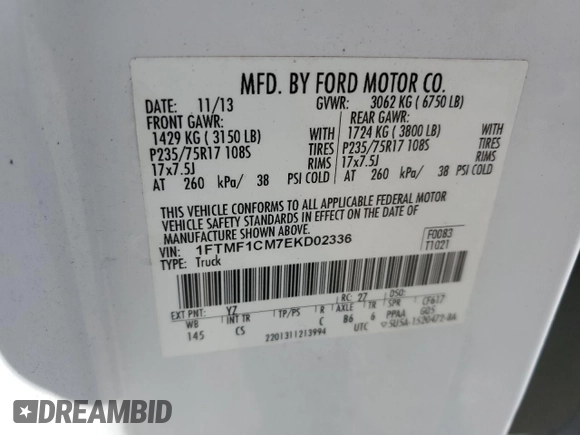 2014 Ford F-150 XL with VIN 1FTMF1CM7EKD02336, listed as a Copart auction lot 57333815 with 126,053 mi miles and Salvage title. Bid and sale history available at DreamBid. Image 12.