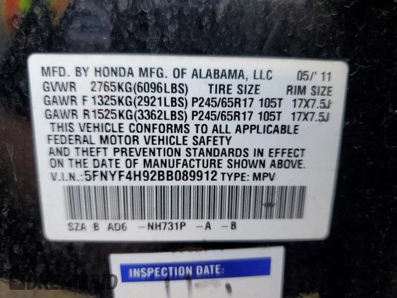 2011 Honda Pilot Touring with VIN 5FNYF4H92BB089912, listed as a Copart auction lot 52033125 with 159,080 mi miles and Salvage Title. Bid and sale history available at carsss.com. Image 13.