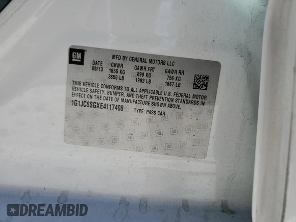 2014 Chevrolet Sonic LT with VIN 1G1JC6SGXE4117408, listed as a Copart auction lot 46913395 with 88,799 mi miles and Salvage Title. Bid and sale history available at carsss.com. Image 12.