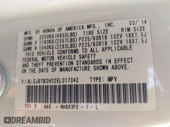 2014 Acura RDX with VIN 5J8TB3H32EL017042, listed as a IAAI auction lot 41797246 with 99,649 mi miles. Bid and sale history available at carsss.com. Image 9.