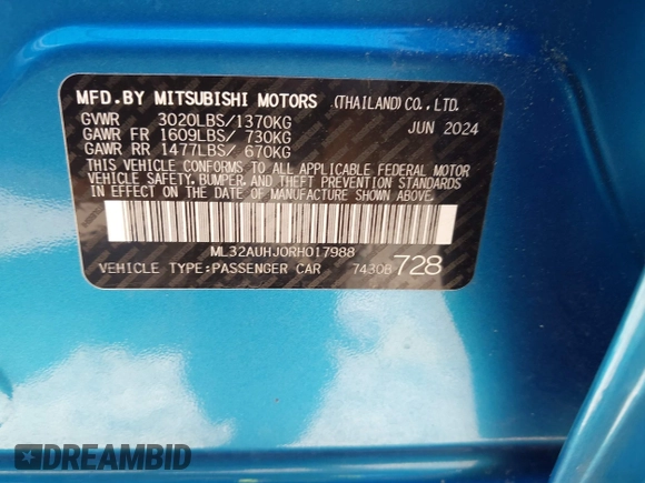 2024 Mitsubishi Mirage ES z VIN ML32AUHJ0RH017988, wystawiony jako IAAI lot #42299387 z przebiegiem 9 205 mil mil oraz . Historia ofert i sprzedaży dostępna na DreamBid. Obrazek 9.