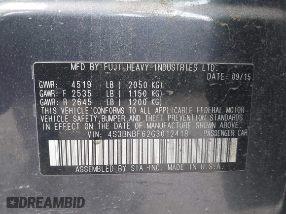 2016 Subaru Legacy Premium with VIN 4S3BNBF62G3012418, listed as a IAAI auction lot 42072897 with 166,662 mi miles and . Bid and sale history available at DreamBid. Image 9.