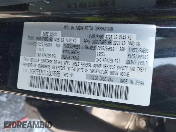 2020 Mazda CX-5 Grand Touring with VIN JM3KFBDM7L1807685, listed as a IAAI auction lot 41392313 with 91,729 mi miles and . Bid and sale history available at carsss.com. Image 9.