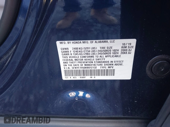 2019 Honda Passport EX-L with VIN 5FNYF7H50KB012132, listed as a IAAI auction lot 41327682 with 56,653 mi miles and . Bid and sale history available at carsss.com. Image 9.