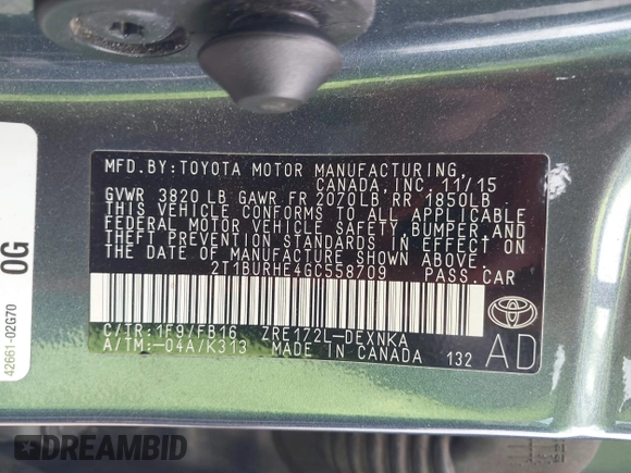 2016 Toyota Corolla L with VIN 2T1BURHE4GC558709, listed as a IAAI auction lot 42668650 with 178,843 mi miles and . Bid and sale history available at DreamBid. Image 9.
