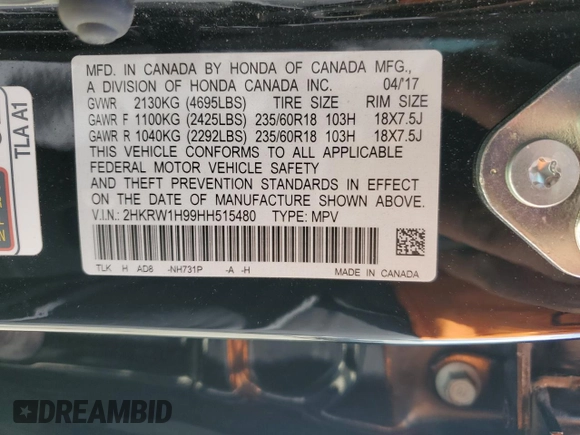 2017 Honda CR-V Touring with VIN 2HKRW1H99HH515480, listed as a Copart auction lot 51869635 with 24,393 mi miles and Salvage Title. Bid and sale history available at carsss.com. Image 16.