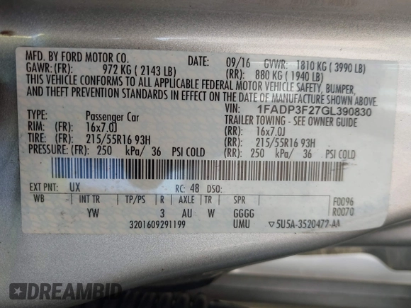 2016 Ford Focus SE with VIN 1FADP3F27GL390830, listed as a IAAI auction lot 41665012 with 119,673 mi miles. Bid and sale history available at carsss.com. Image 9.