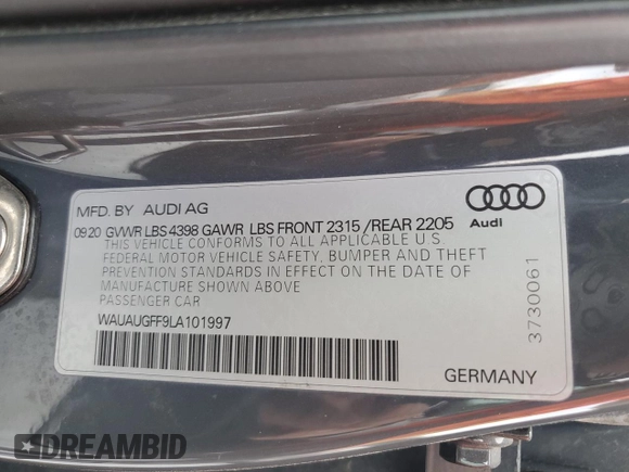 2020 Audi A3 Sedan Premium with VIN WAUAUGFF9LA101997, listed as a Copart auction lot 50335005 with 43,612 mi miles and Salvage Title. Bid and sale history available at carsss.com. Image 12.
