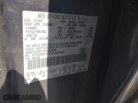 2001 Ford F-150 XLT с VIN 1FTRW07L41KA09067, выставлен на аукционе IAAI как лот 42459211 с пробегом 269 113 миль миль и . История ставок и продаж доступна на DreamBid. Изображение 9.