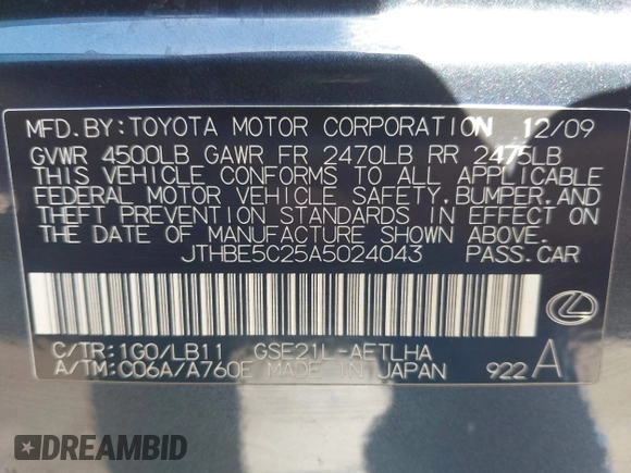 2010 Lexus IS 350 with VIN JTHBE5C25A5024043, listed as a IAAI auction lot 41761788 with 162,716 mi miles and . Bid and sale history available at DreamBid. Image 9.