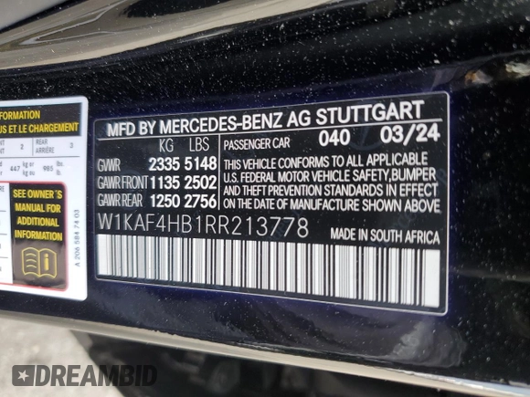 2024 Mercedes-Benz C 300 z VIN W1KAF4HB1RR213778, wystawiony jako Copart lot #59836025 z przebiegiem 11 816 mil mil oraz Szkoda całkowita • Salvage title. Historia ofert i sprzedaży dostępna na DreamBid. Obrazek 13.