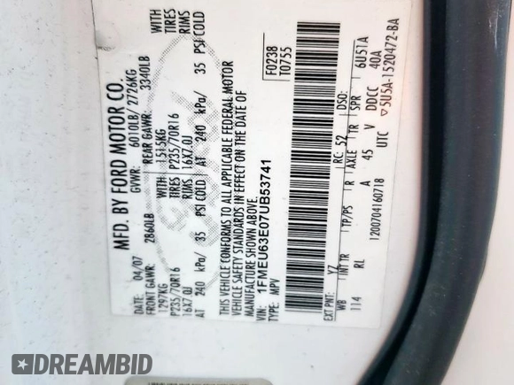2007 Ford Explorer XLT with VIN 1FMEU63E07UB53741, listed as a Copart auction lot 58269165 with 77,248 mi miles and Clean title. Bid and sale history available at DreamBid. Image 12.