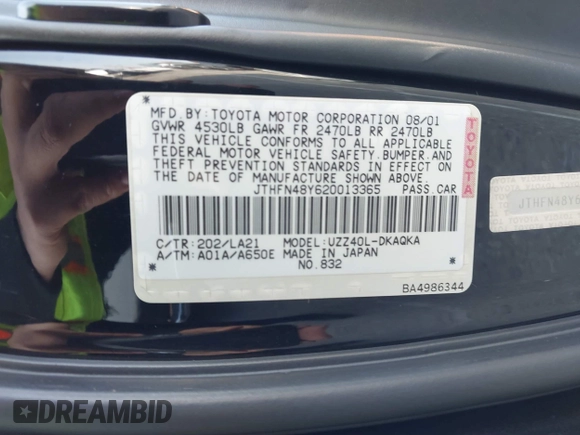 2002 Lexus SC 430 z VIN JTHFN48Y620013365, wystawiony jako IAAI lot #40978149 z przebiegiem 151 147 mil mil oraz . Historia ofert i sprzedaży dostępna na DreamBid. Obrazek 9.