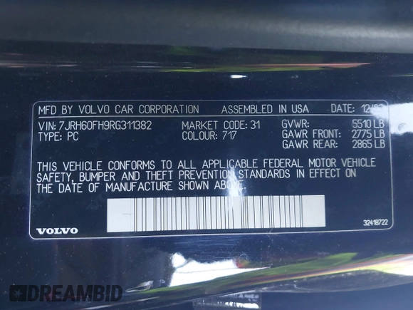 2024 Volvo S60 Plus Black Edition with VIN 7JRH60FH9RG311382, listed as a IAAI auction lot 41297866 with 12,805 mi miles and . Bid and sale history available at DreamBid. Image 9.