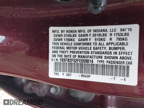 2015 Honda Civic Sedan LX with VIN 19XFB2F52FE059814, listed as a IAAI auction lot 40413705 with 91,506 mi miles. Bid and sale history available at carsss.com. Image 9.