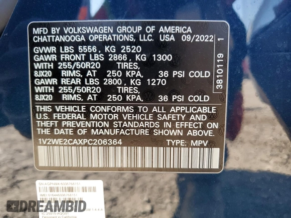 2023 Volkswagen Atlas SE with VIN 1V2WE2CAXPC206364, listed as a Copart auction lot 74216144 with 14,977 mi miles and Salvage title. Bid and sale history available at DreamBid. Image 15.