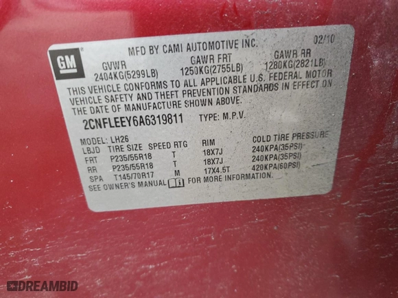 2010 Chevrolet Equinox LT w/1LT with VIN 2CNFLEEY6A6319811, listed as a Copart auction lot 43459605 with 179,446 mi miles and Salvage Title. Bid and sale history available at carsss.com. Image 13.