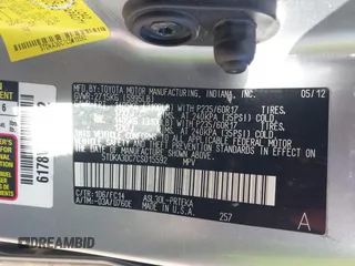 2012 Toyota Sienna with VIN 5TDKA3DC7CS015592, listed as a IAAI auction lot 40839775 with 161,944 mi miles and . Bid and sale history available at DreamBid. Image 9.