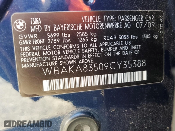 2009 BMW 7 Series 750i z VIN WBAKA83509CY35388, wystawiony jako Copart lot #63561984 z przebiegiem 166 068 mil mil oraz Szkoda całkowita • Salvage title. Historia ofert i sprzedaży dostępna na DreamBid. Obrazek 12.