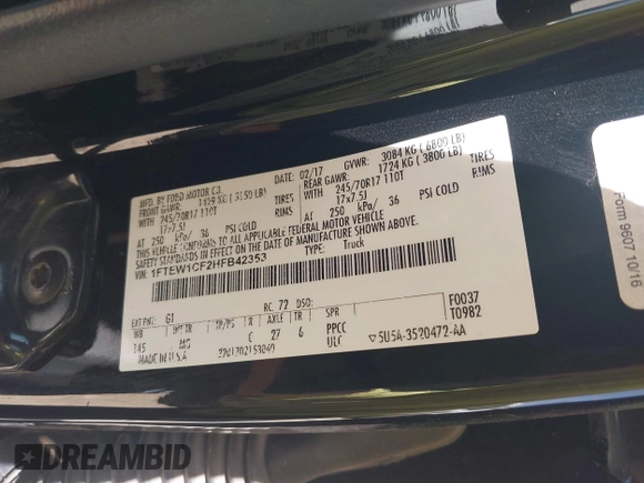 2017 Ford F-150 XL with VIN 1FTEW1CF2HFB42353, listed as a IAAI auction lot 41922745 with 146,214 mi miles and . Bid and sale history available at DreamBid. Image 9.