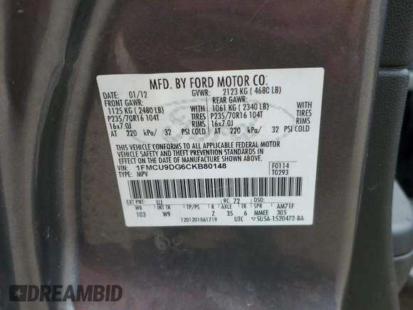 2012 Ford Escape XLT with VIN 1FMCU9DG6CKB80148, listed as a Copart auction lot 59953445 with 104,959 mi miles and Clean title. Bid and sale history available at DreamBid. Image 13.