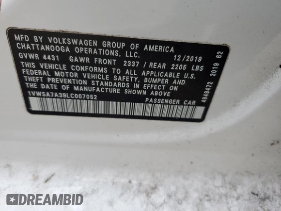 2020 Volkswagen Passat SE with VIN 1VWSA7A39LC007052, listed as a Copart auction lot 42556665 with 88,846 mi miles and Salvage title. Bid and sale history available at DreamBid. Image 13.