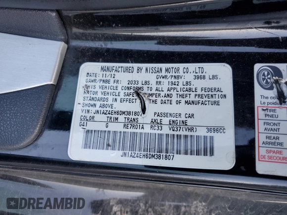 2013 Nissan 370Z with VIN JN1AZ4EH6DM381807, listed as a Copart auction lot 79241394 with Not Provided miles and Salvage Title. Bid and sale history available at carsss.com. Image 12.