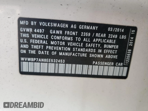 2014 Volkswagen CC R-Line with VIN WVWBP7AN8EE532453, listed as a Copart auction lot 74605834 with 108,124 mi miles and Non Repairable. Bid and sale history available at carsss.com. Image 12.