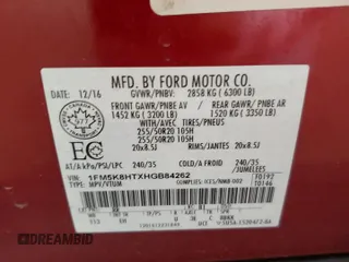 2017 Ford Explorer Platinum with VIN 1FM5K8HTXHGB84262, listed as a Copart auction lot 59266165 with 50,702 mi miles and Salvage title. Bid and sale history available at DreamBid. Image 14.