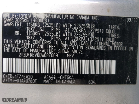 2013 Toyota RAV4 Limited with VIN 2T3DFREV8DW087009, listed as a Copart auction lot 47389705 with 82,707 mi miles and Salvage Title. Bid and sale history available at carsss.com. Image 13.