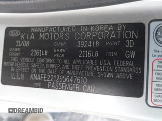 2009 Kia Spectra EX z VIN KNAFE221295647610, wystawiony jako IAAI lot #42358753 z przebiegiem 220 168 mil mil oraz . Historia ofert i sprzedaży dostępna na DreamBid. Obrazek 9.