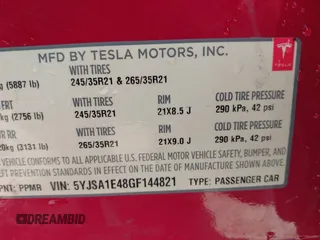 2016 Tesla Model S 90D with VIN 5YJSA1E48GF144821, listed as a IAAI auction lot 42206473 with 129,624 mi miles and . Bid and sale history available at DreamBid. Image 9.