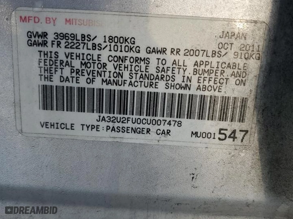 2012 Mitsubishi Lancer ES with VIN JA32U2FU0CU007478, listed as a Copart auction lot 47136025 with 120989 miles and Salvage Title. Bid and sale history available at carsss.com. Image 12.