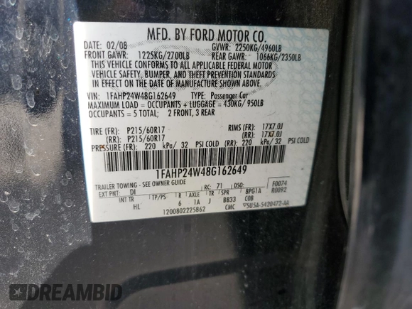 2008 Ford Taurus SEL with VIN 1FAHP24W48G162649, listed as a Copart auction lot 77713744 with 145,707 mi miles and Salvage Title. Bid and sale history available at carsss.com. Image 12.