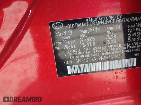 2021 Hyundai Santa Fe SE with VIN 5NMS1DAJ9MH351192, listed as a IAAI auction lot 41712920 with 54,284 mi miles. Bid and sale history available at carsss.com. Image 9.