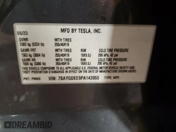 2023 Tesla Model Y Long Range with VIN 7SAYGDEE9PA143955, listed as a Copart auction lot 48114395 with 20,152 mi miles and Salvage Title. Bid and sale history available at DreamBid. Image 14.