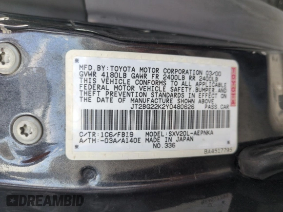 2000 Toyota Camry CE with VIN JT2BG22K2Y0480626, listed as a Copart auction lot 54059185 with 273,794 mi miles and Salvage Title. Bid and sale history available at DreamBid. Image 13.