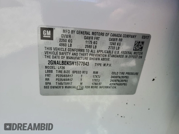 2017 Chevrolet Equinox LS with VIN 2GNALBEK5H1577843, listed as a Copart auction lot 53484755 with 117,672 mi miles and Salvage Title. Bid and sale history available at DreamBid. Image 14.