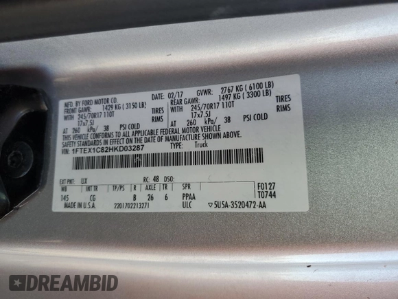 2017 Ford F-150 XL with VIN 1FTEX1C82HKD03287, listed as a Copart auction lot 77462644 with 157,064 mi miles and Salvage Title. Bid and sale history available at carsss.com. Image 12.