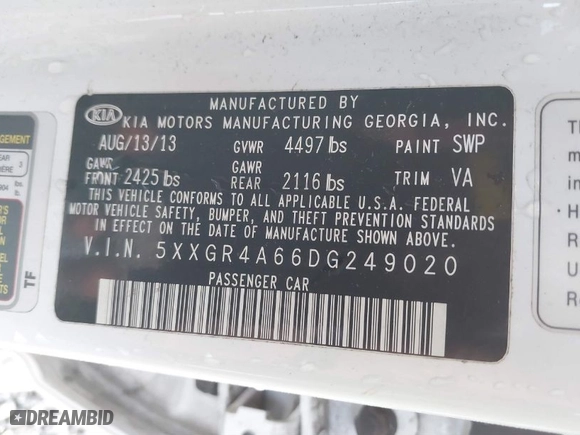 2013 Kia Optima SX w/Limited Pkg with VIN 5XXGR4A66DG249020, listed as a IAAI auction lot 41771425 with 44,000 mi miles. Bid and sale history available at carsss.com. Image 9.