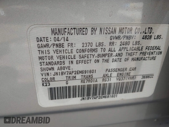 2014 Infiniti Q50 Premium with VIN JN1BV7AP2EM691601, listed as a IAAI auction lot 42323769 with 93,413 mi miles and . Bid and sale history available at DreamBid. Image 9.