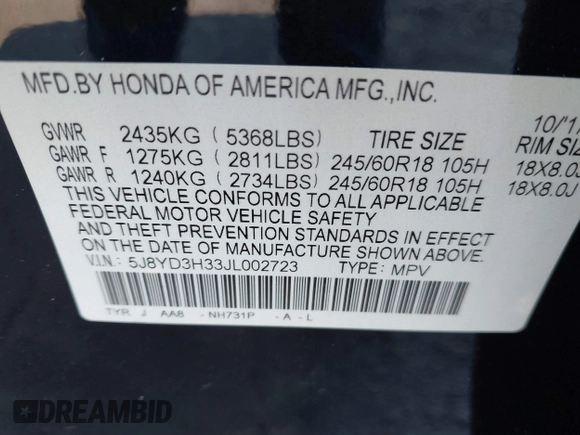 2018 Acura MDX with VIN 5J8YD3H33JL002723, listed as a IAAI auction lot 41501410 with 98,459 mi miles and . Bid and sale history available at carsss.com. Image 9.