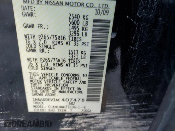 2010 Nissan Frontier LE with VIN 1N6AD0EV1AC407478, listed as a Copart auction lot 82302504 with 146,560 mi miles and Salvage title. Bid and sale history available at DreamBid. Image 12.