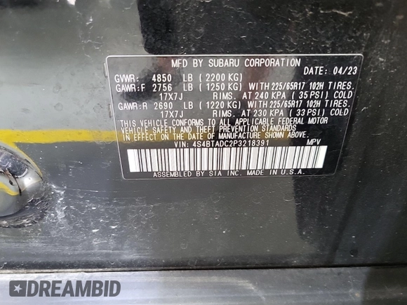 2023 Subaru Outback Premium с VIN 4S4BTADC2P3218391, выставлен на аукционе IAAI как лот 42631422 с пробегом 66 633 миль миль и . История ставок и продаж доступна на DreamBid. Изображение 7.