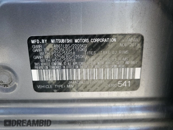 2020 Mitsubishi Outlander ES with VIN JA4AZ3A35LZ026088, listed as a Copart auction lot 56233315 with 90,636 mi miles and Salvage title. Bid and sale history available at DreamBid. Image 13.