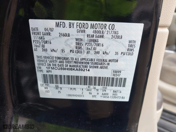 2008 Ford Escape Hybrid with VIN 1FMCU59H08KA59214, listed as a IAAI auction lot 41628625 with 999,999 mi miles. Bid and sale history available at carsss.com. Image 9.
